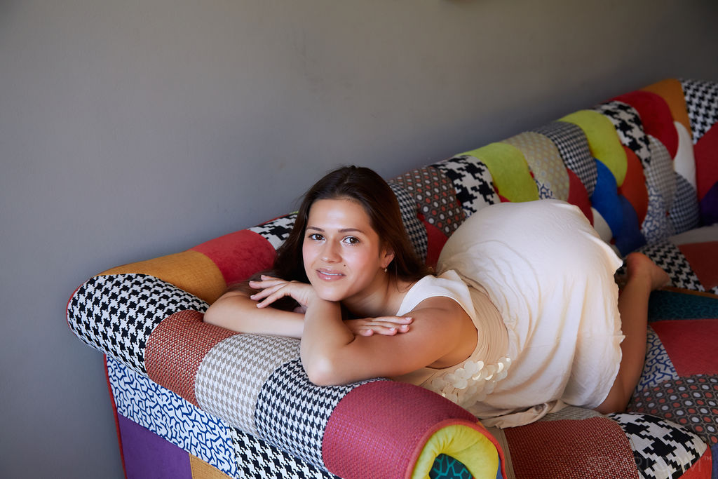 Serina Gomez Teases Herself On Couch With Dress Lifted Revealing Ass And Shaved Pussy